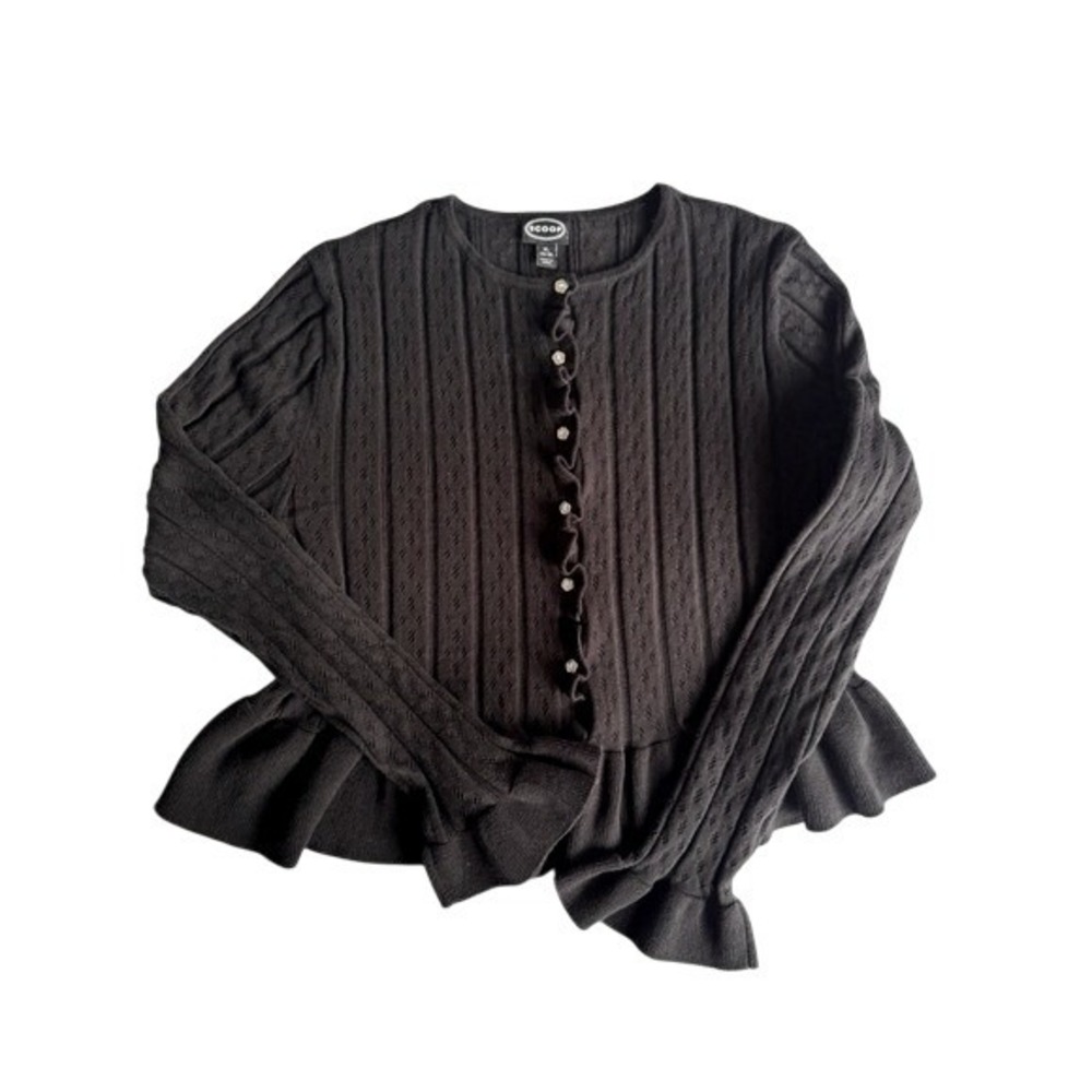 Scoop Black Pointelle Knit Peplum Cardigan Ruffle Trim Floral Buttons Coquette